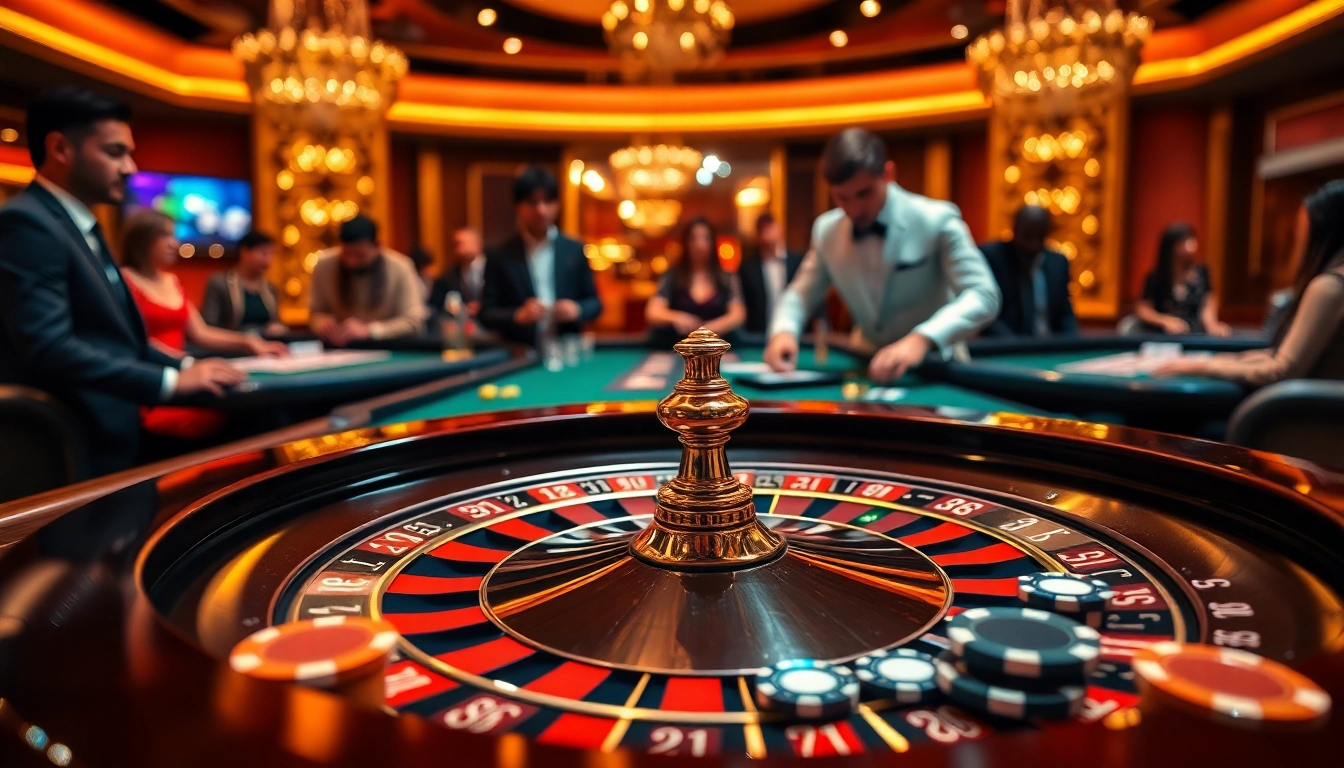 Exciting casino scene with roulette table and poker chips, highlighting gg88 gold elements.