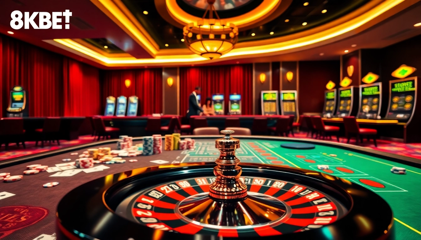 Experience thrilling gaming in a luxurious setup showcasing 8KBET KHÔNG CHẶN atmosphere with vibrant casino elements.