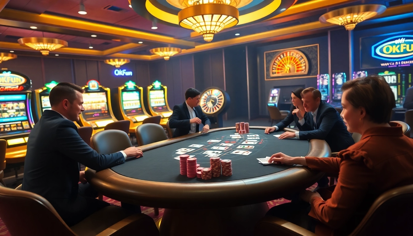 Experience high-stakes poker action at OKFUN casino with vibrant chips and thrilling games.