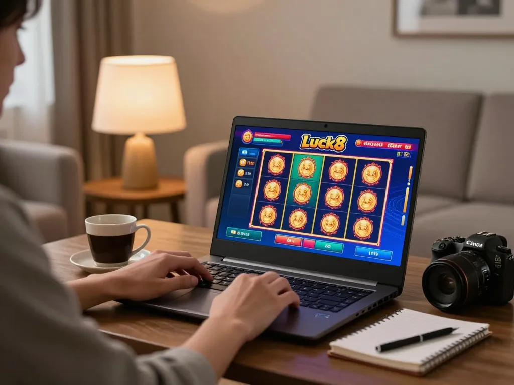 Engaging in Luck8 online casino gaming from home with vibrant slot game on laptop.