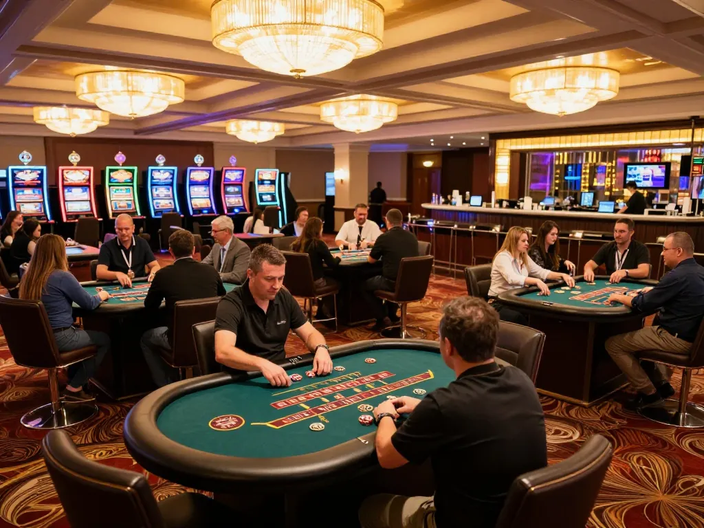 O8 SOCIAL players enjoying a dynamic poker game in a luxury casino setting with vibrant decor