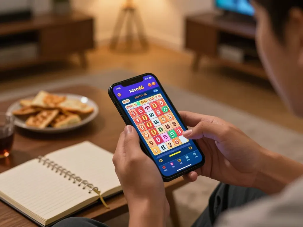 xoso 66 online gaming experience with a smartphone displaying betting options in a cozy home