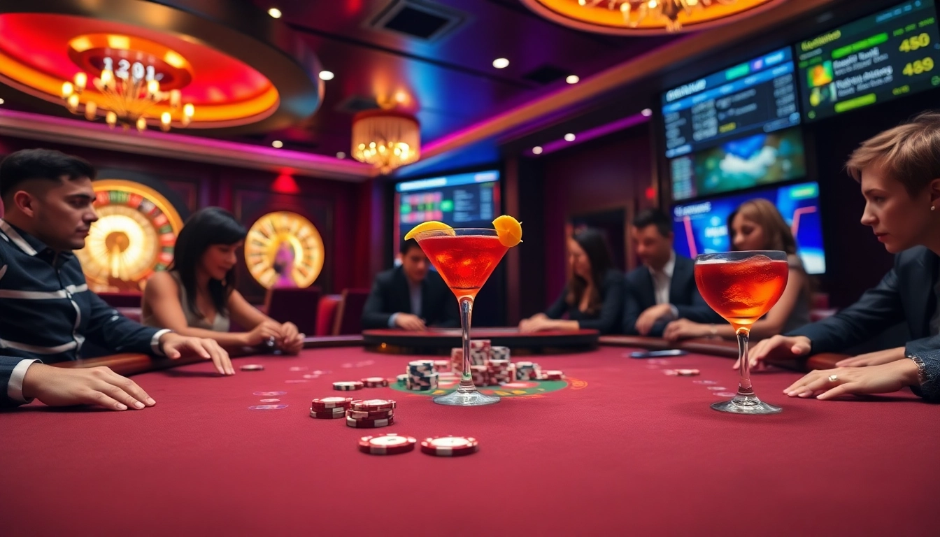 Exciting poker action at an LC88 casino table with vibrant decor and engaged players.