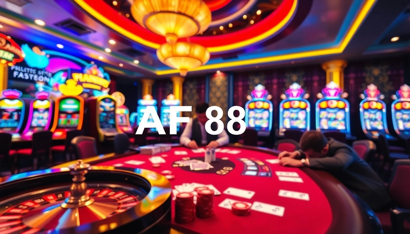 Experience the thrill of AF88 casino with vibrant visuals of poker tables, slots, and roulette action.