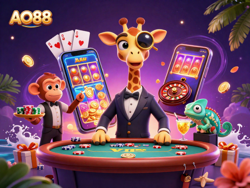 Engage with AO88 in this thrilling casino scene filled with vibrant characters and dynamic gaming elements.