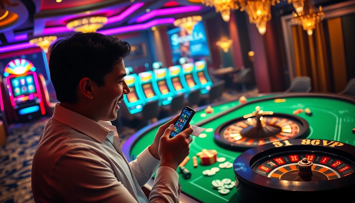 Tải App Nhà Cái 68VIP on a smartphone against a vibrant casino backdrop.