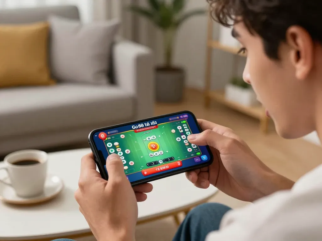 Player enjoying Go88 tài xỉu game on smartphone in cozy home setting, showcasing excitement and engagement.