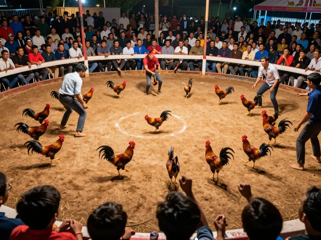 Watch Đá gà thomo live as intense rooster fights unfold with a cheering crowd