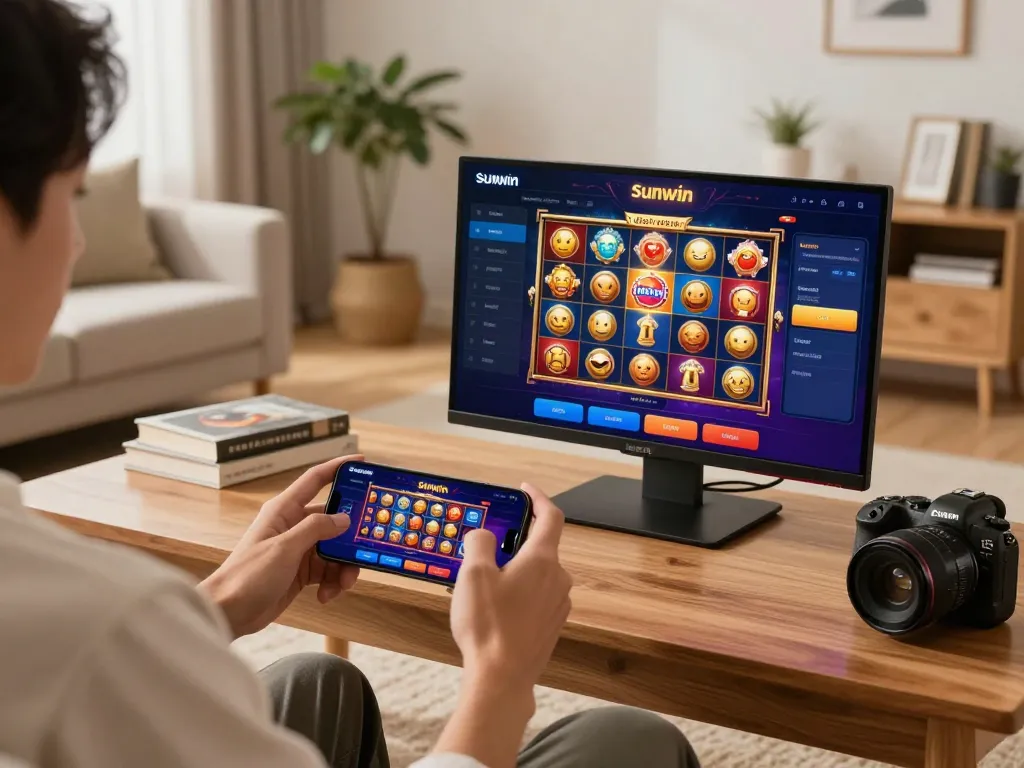 Tải Sunwin easily while enjoying an immersive online gaming session on a smartphone in a cozy setup