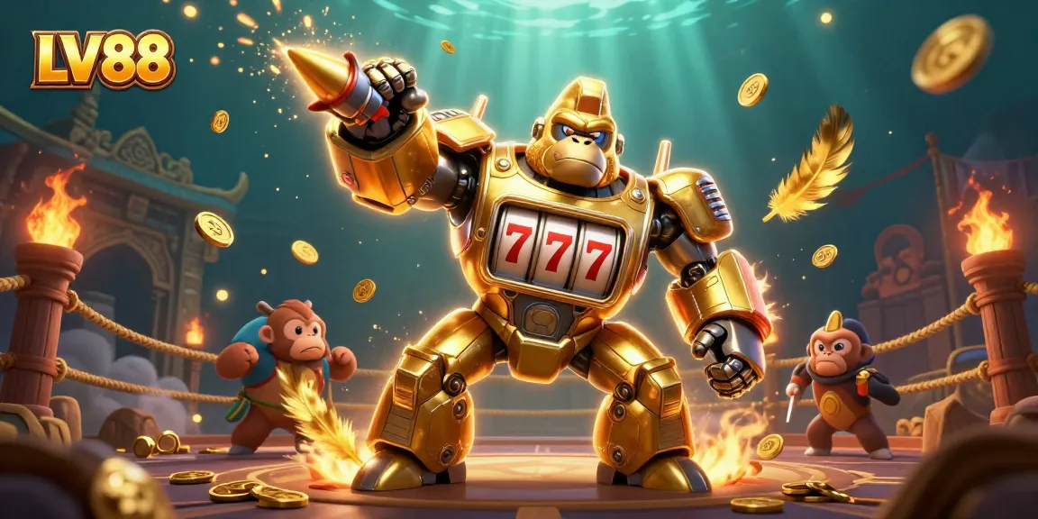 Experience thrilling action at LV88 with a golden gorilla mech amidst a vibrant gambling arena.