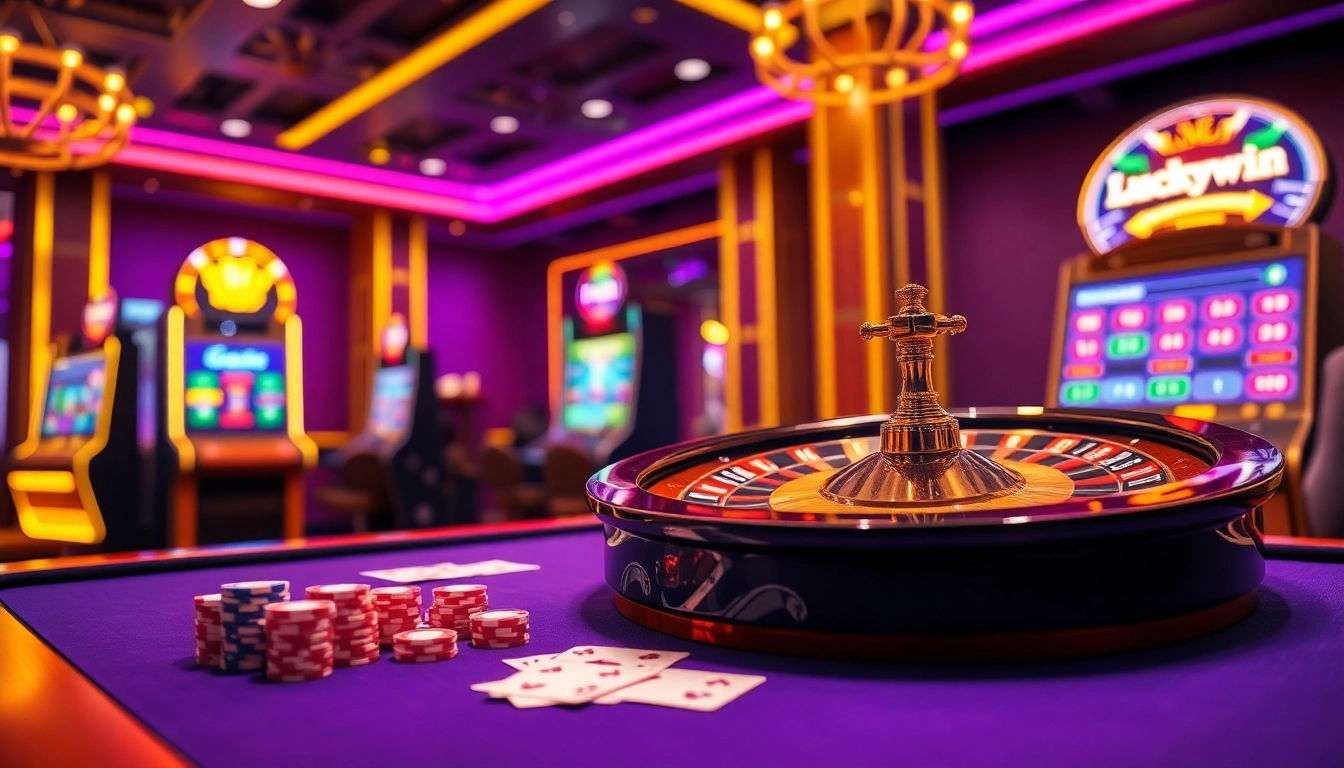 Experience thrilling gameplay at Luckywin's casino with a vibrant roulette wheel and poker chips.