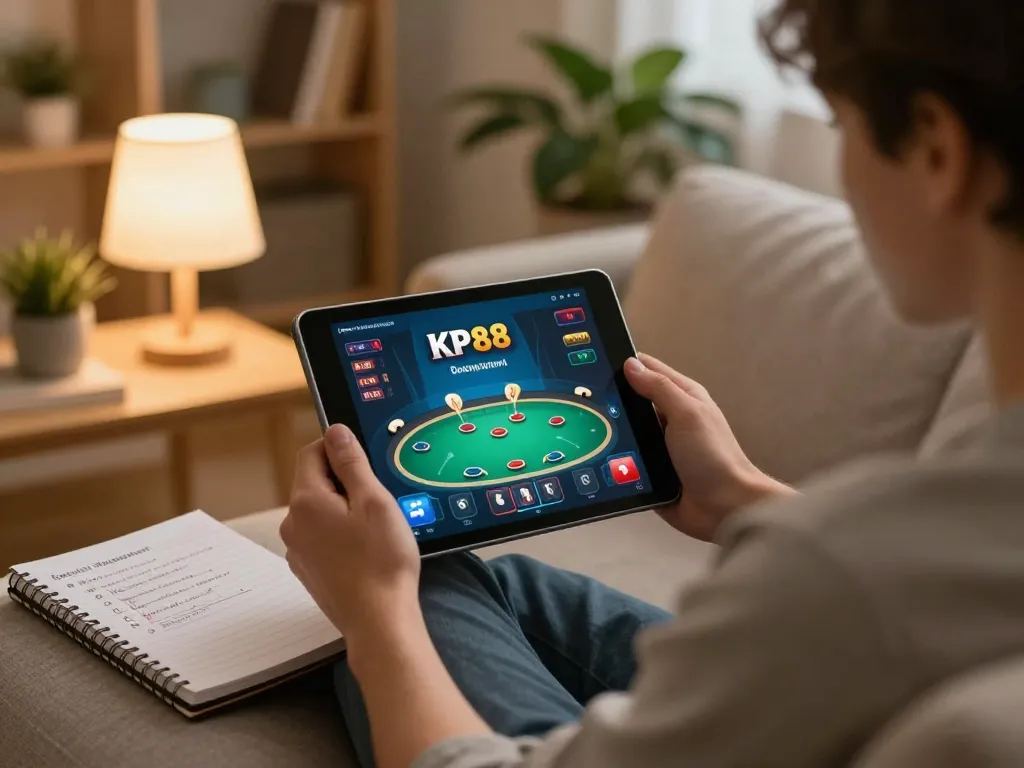 Player enjoying online gambling at KP88 with a tablet, surrounded by strategy notes in a cozy home setting.