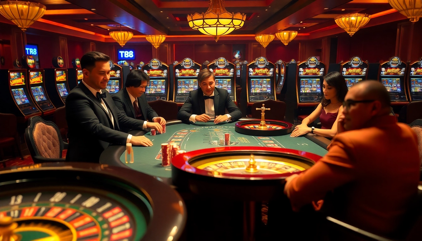 TR88 gambling scene with luxury poker tables, vibrant slot machines, and high-stakes excitement.