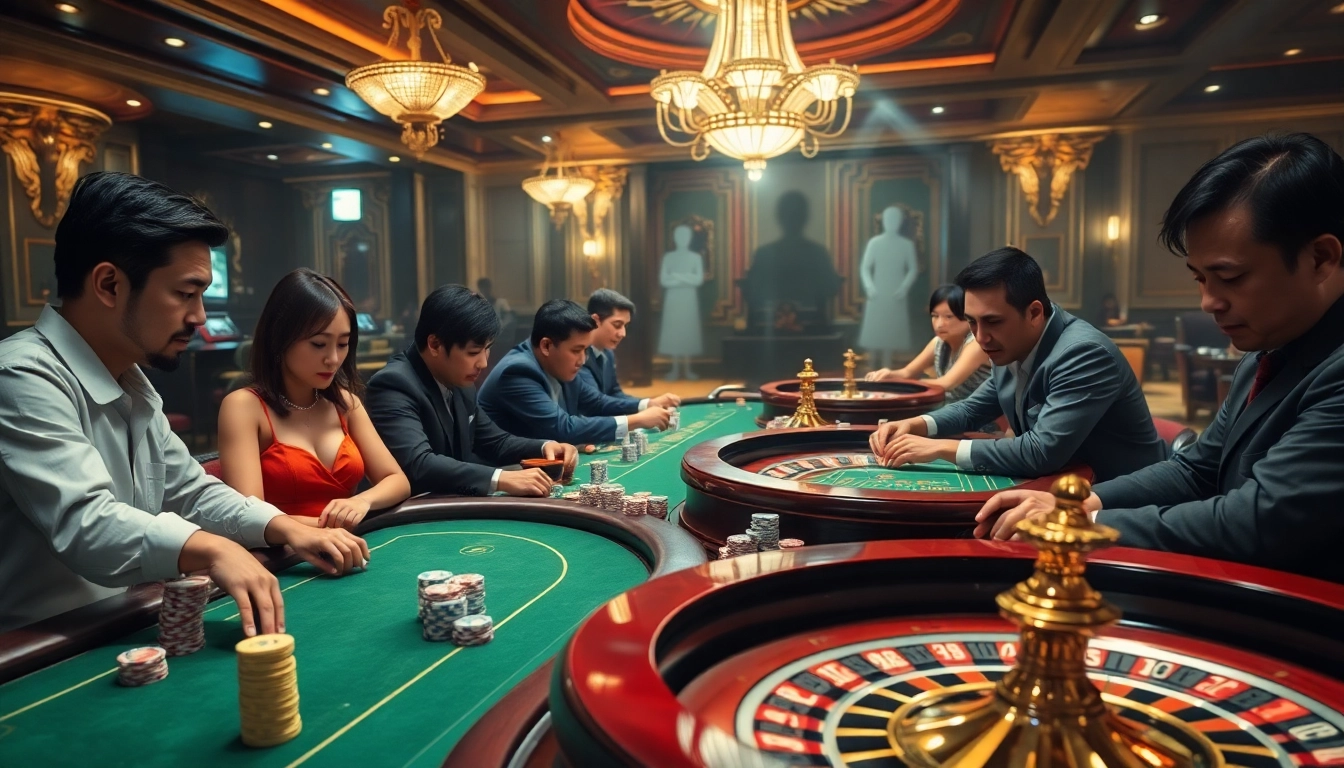 Kể truyện ma at an exciting casino scene with poker tables and players immersed in games.