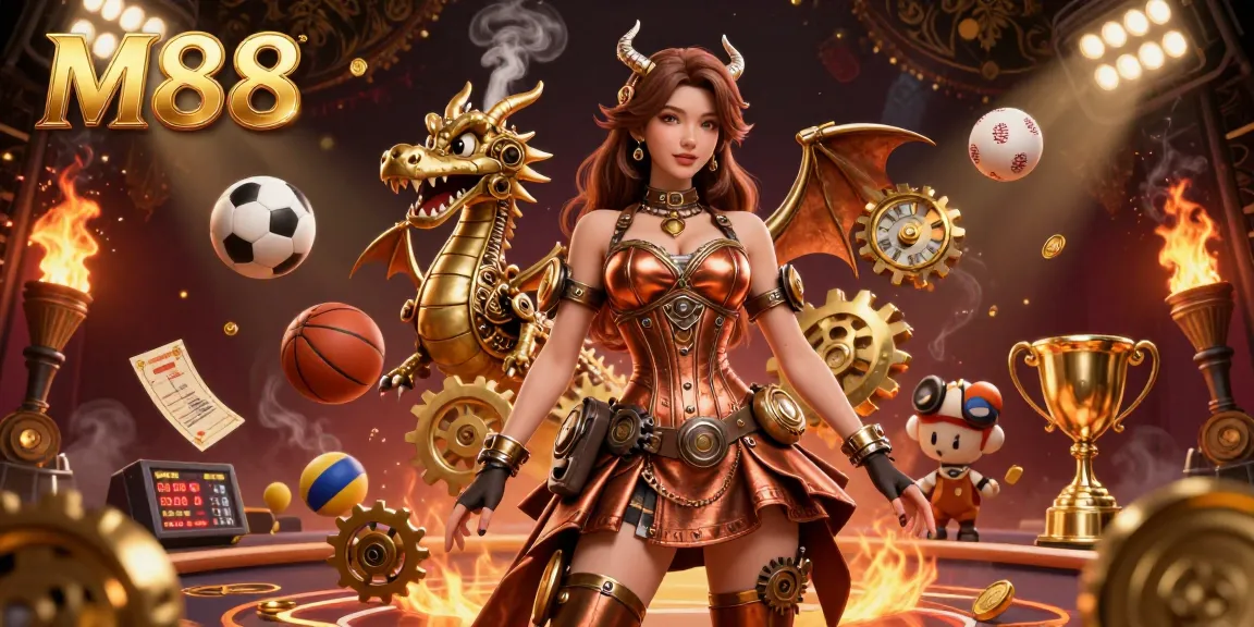 M88 offers thrilling sports betting with dynamic elements and action-packed visuals, featuring a stunning woman and clockwork dragon.