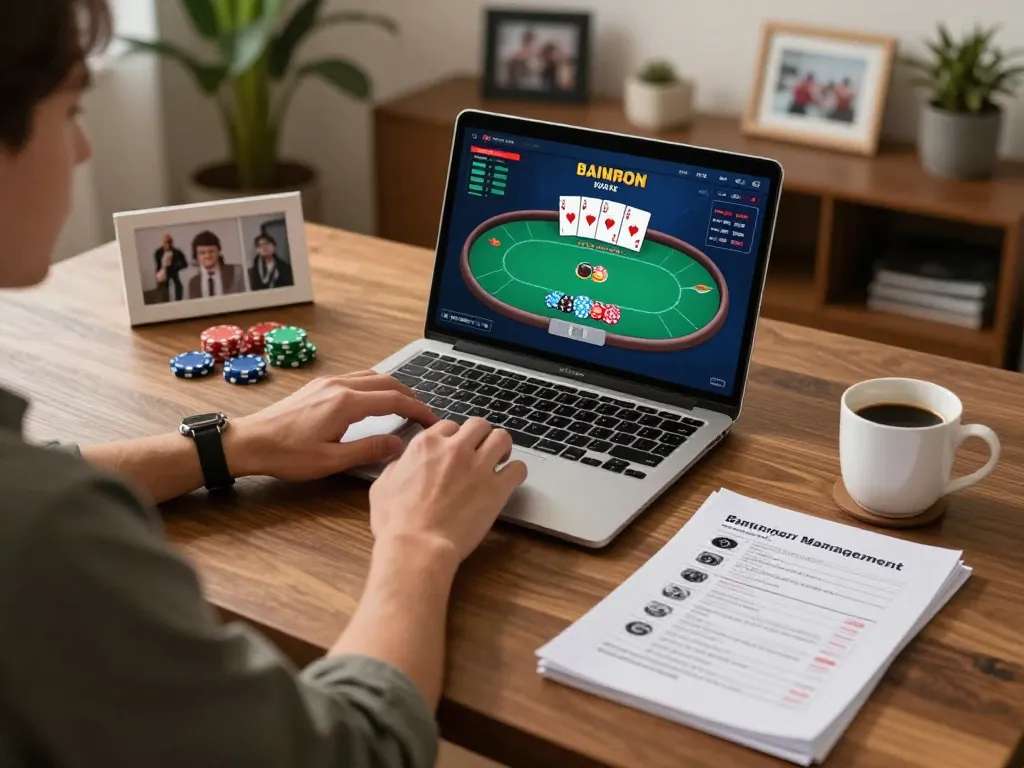 The user explores poker strategies on ax88, emphasizing responsible gaming in a cozy home setting.