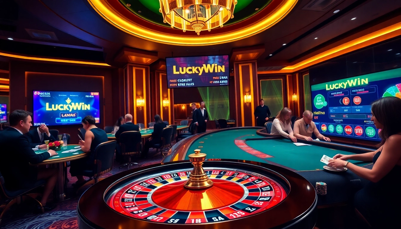 Players enjoying a thrilling game at LuckyWin casino with vibrant roulette and poker tables.
