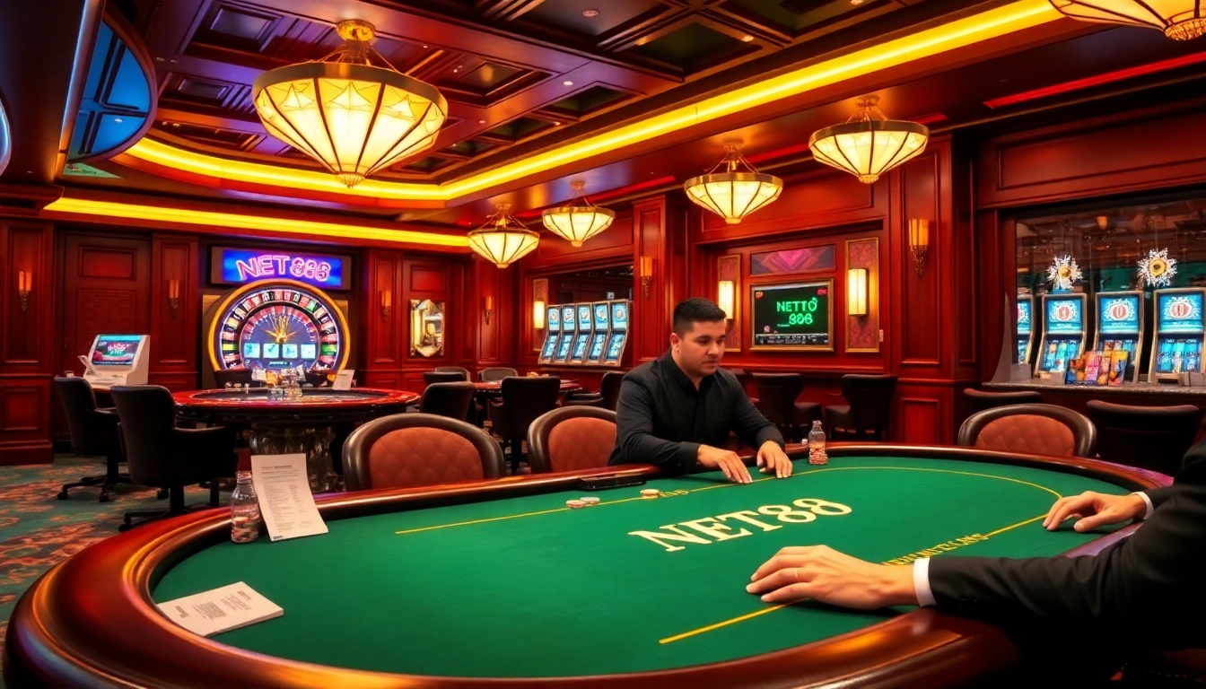 Engaging poker game at a NET88-themed casino, showcasing vibrant chips and excited players.