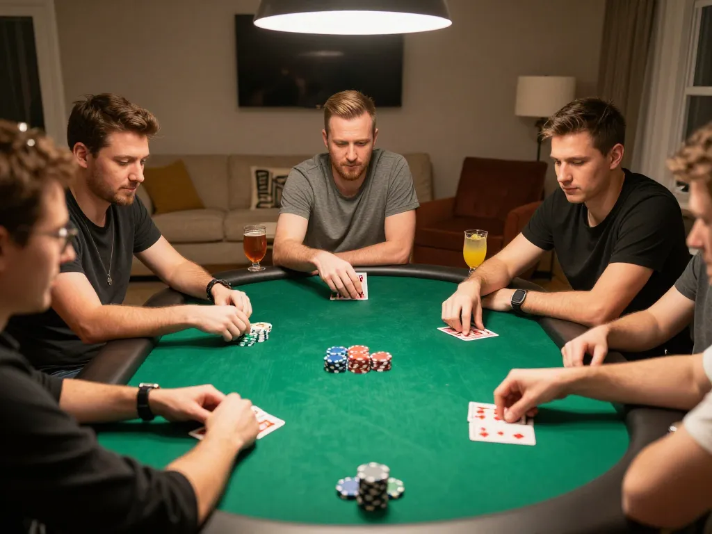 Players strategizing in a poker game at home with 98wincom’s gaming principles in action.