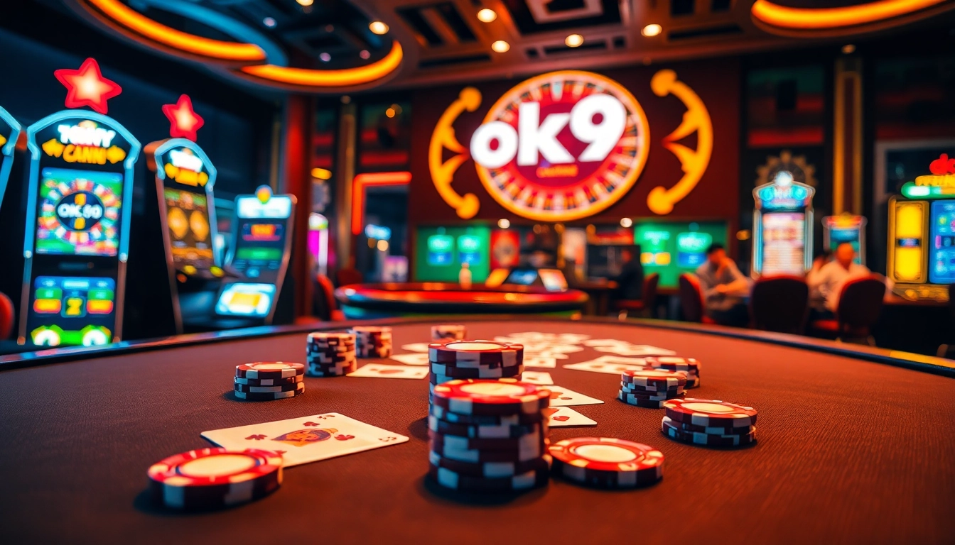 Engage with top-tier gambling on OK9, featuring casino tables and vibrant slot machines.
