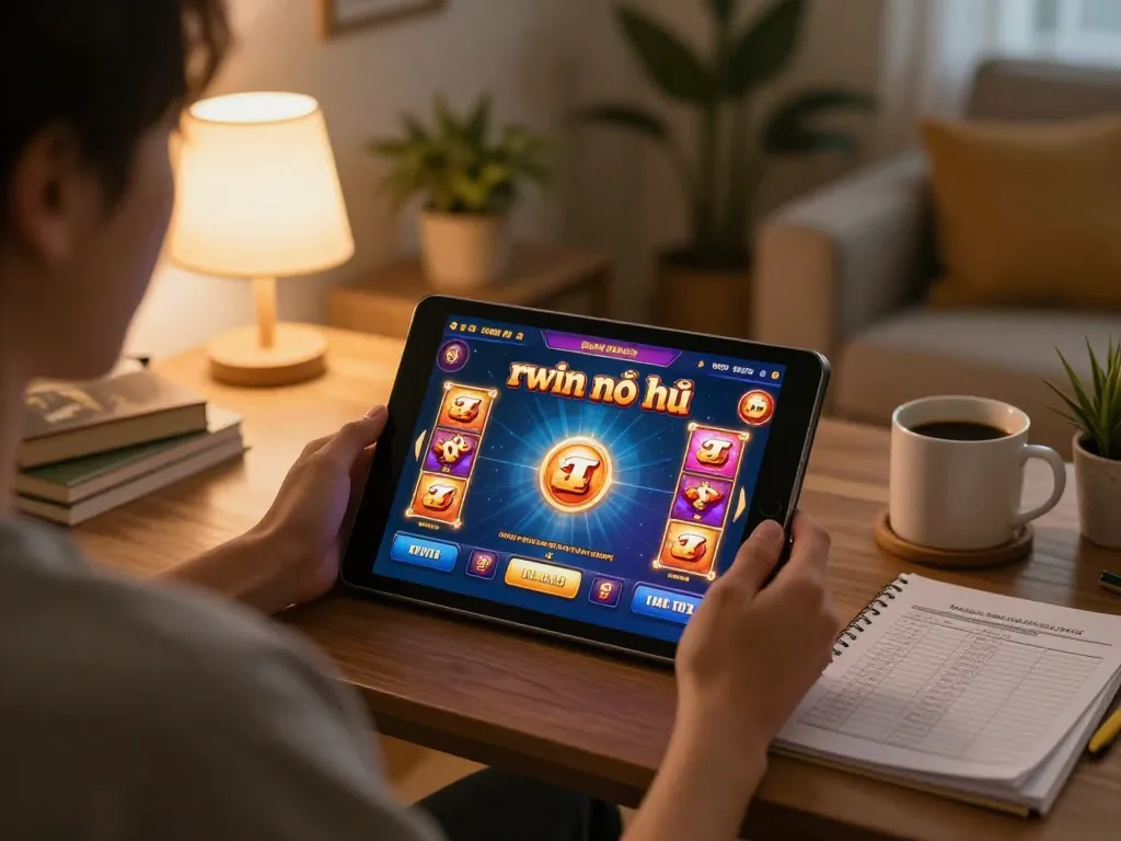 Engaging with rwin nổ hũ on a tablet in a cozy home environment, highlighting responsible gaming and personal strategy.