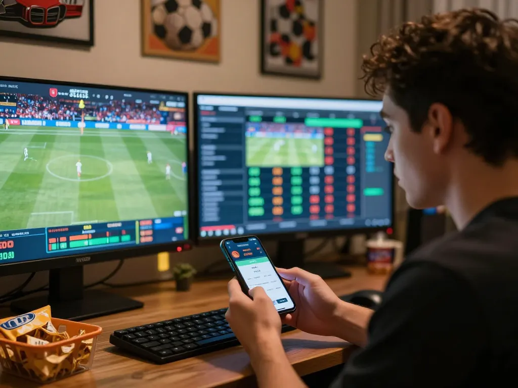 Engaged sports bettor analyzing odds on 92slot while using mobile app at home for better betting strategies