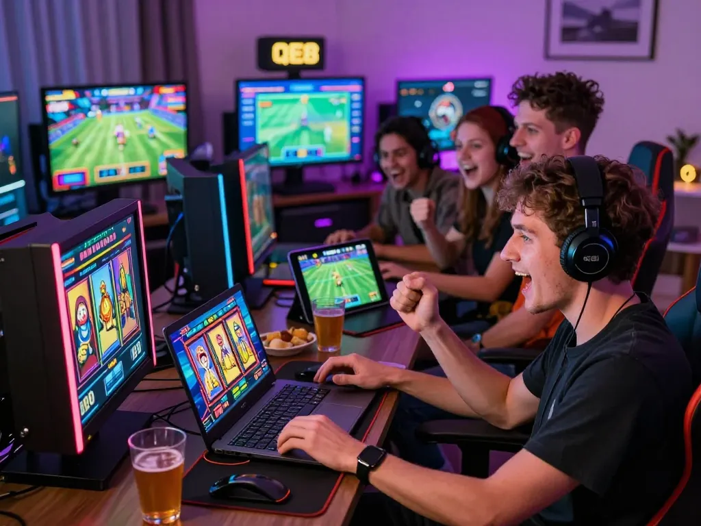 Players enjoying the QE8.BEER gaming platform with vibrant slot machines and live sports betting, showcasing excitement and community.