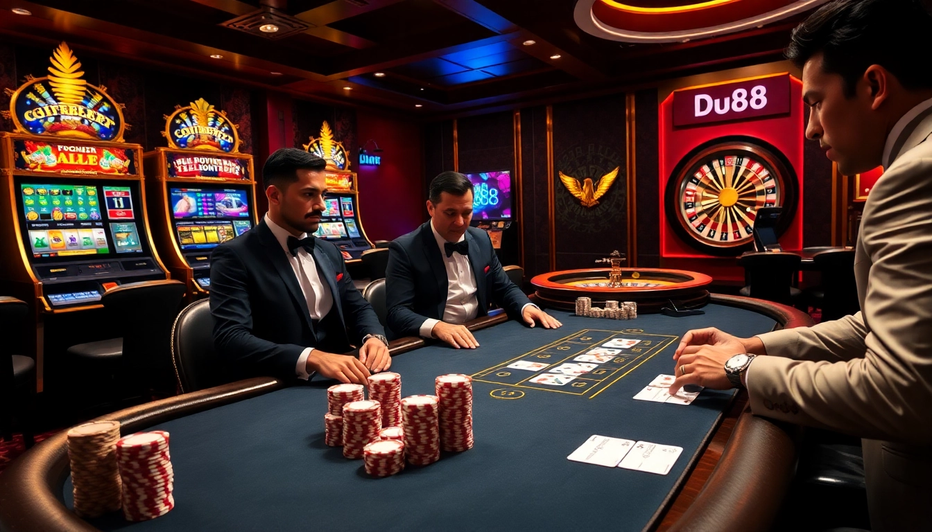Exciting Du88 poker scene with players, chips, and roulette wheel in a luxury casino.