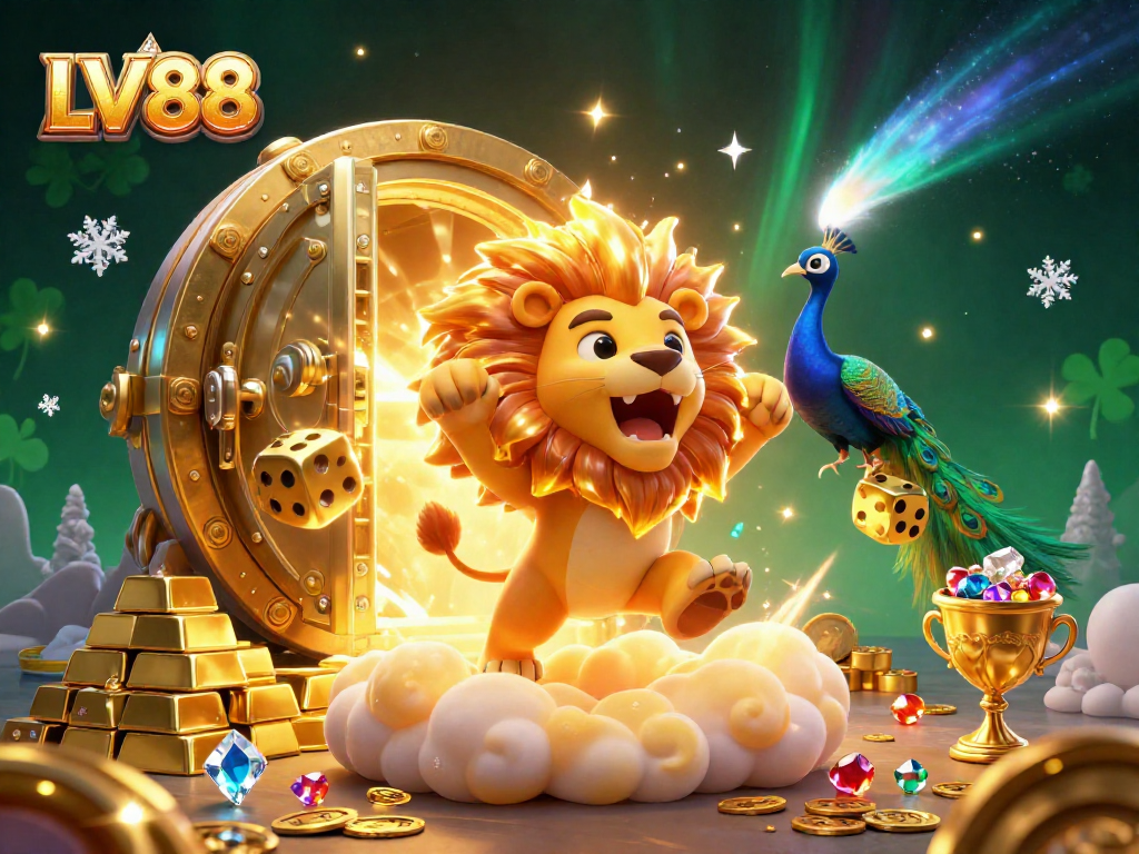 Experience LV88's thrilling casino excitement with a roaring sun lion and golden treasures.