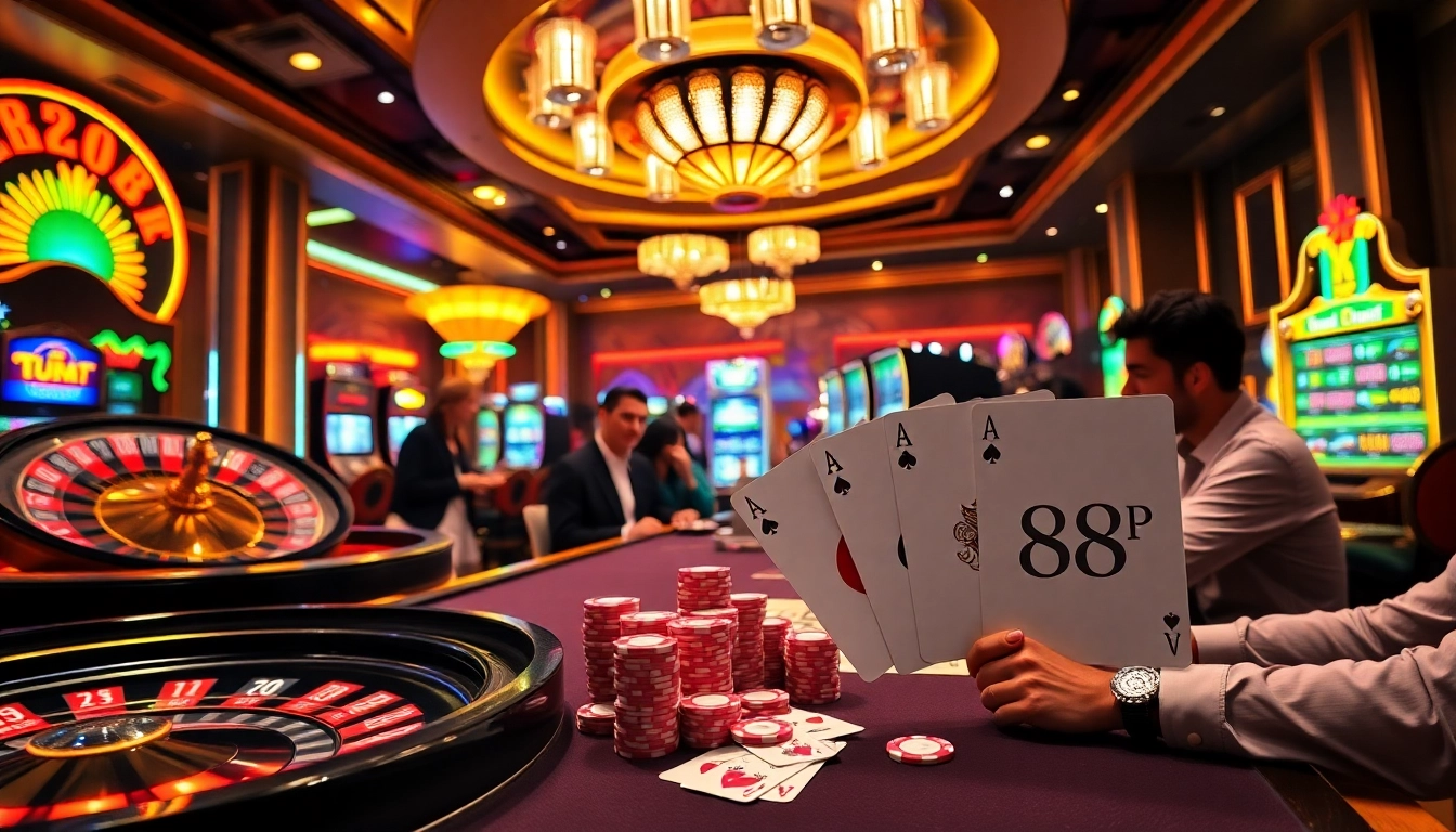 Exciting casino scene featuring 888P poker game with vibrant chips and roulette.