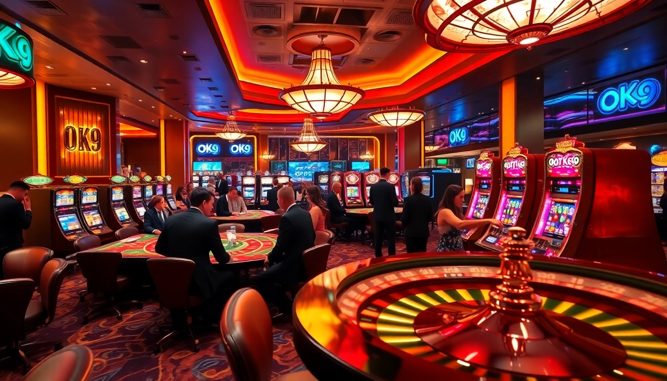 Players enjoying an exciting game at OK9 official casino tables with vibrant energy and luxury.