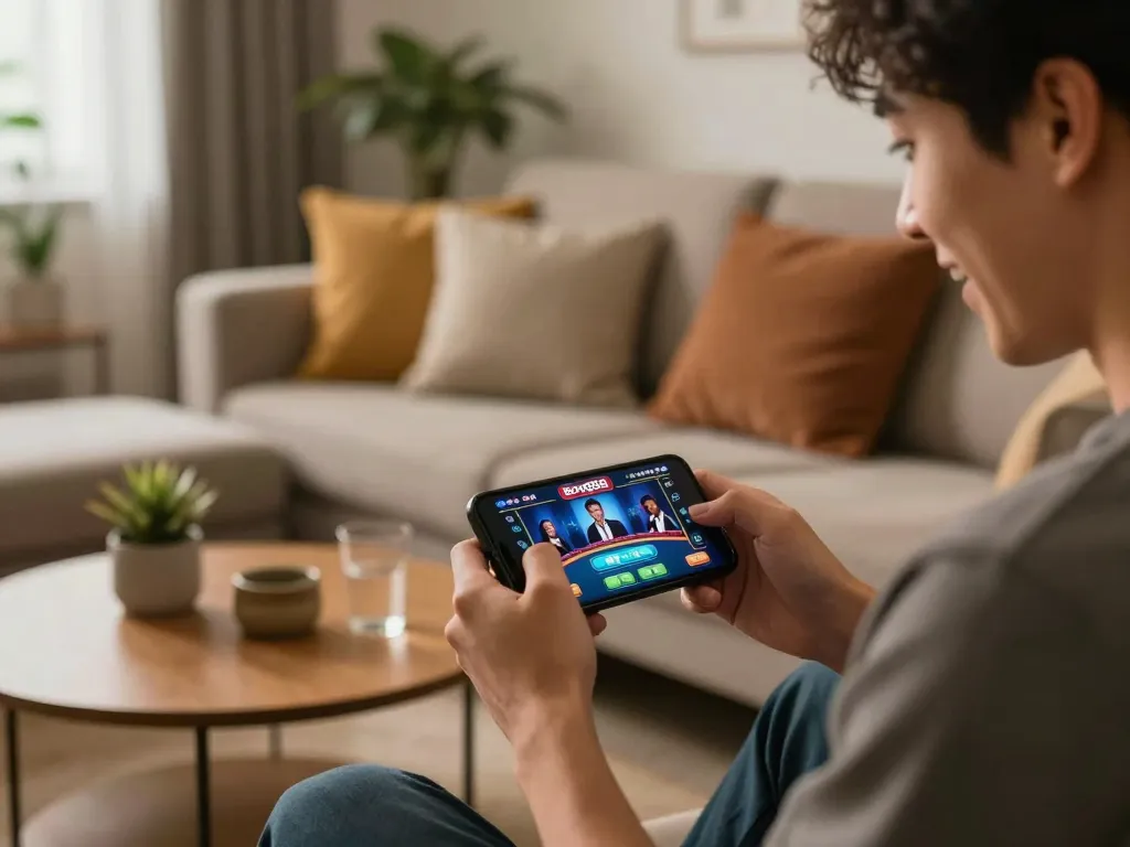 Engaging in Bong88 mobile casino games in a cozy home setting, capturing the excitement of live dealer interactions.