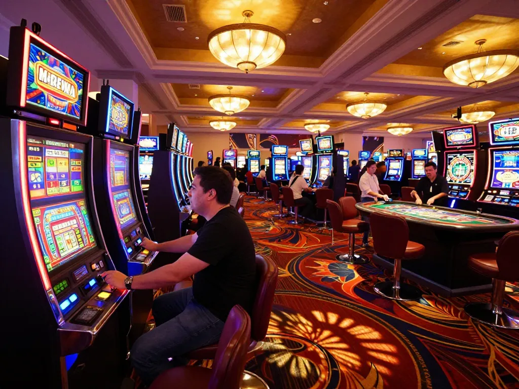 Player pulls the lever on a slot machine at https://tip88.locker/ in a lively Las Vegas casino.