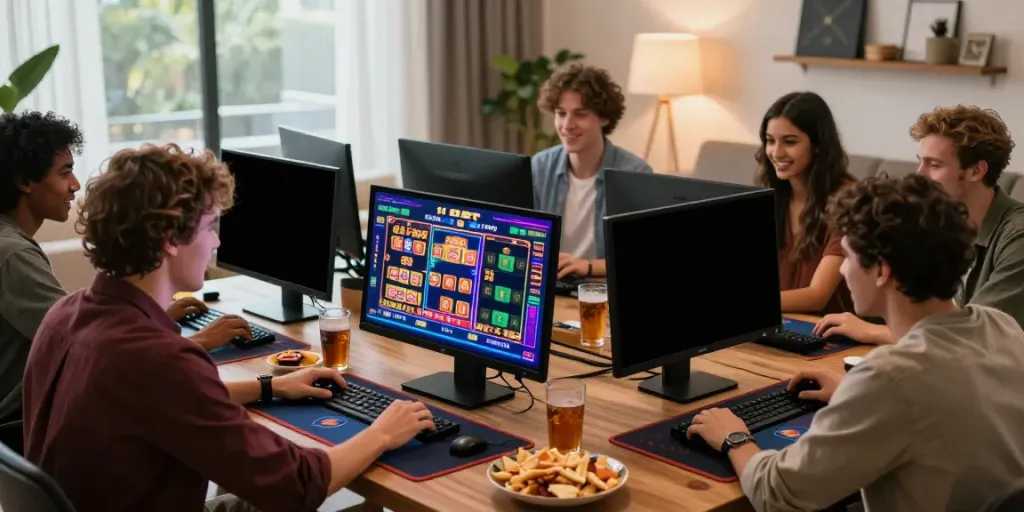 Friends enjoying online gaming with 11 bet in a lively home setting.