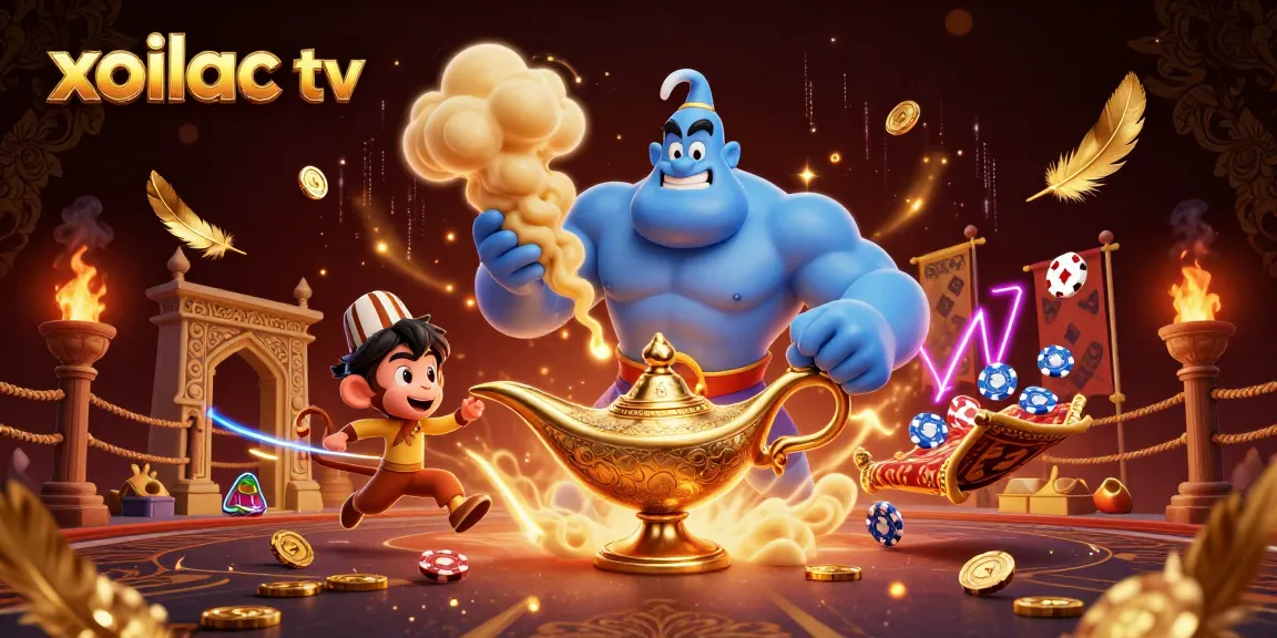Experience thrilling gaming with xoilac tv featuring a dynamic genie and poker chips on a magic carpet.