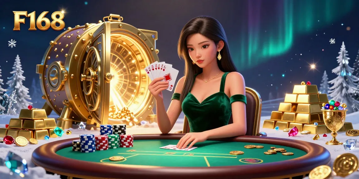 Engage in thrilling poker at F168, where a stunning woman holds winning cards amidst gold and gems in an exciting casino setting.