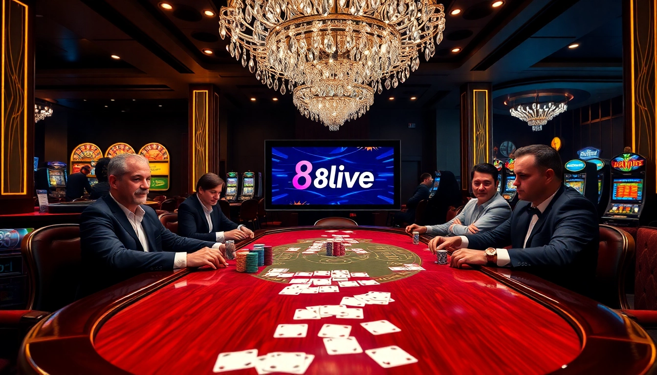 Engaged players enjoying a high-stakes poker game at 8live casino, featuring vibrant colors and luxury.
