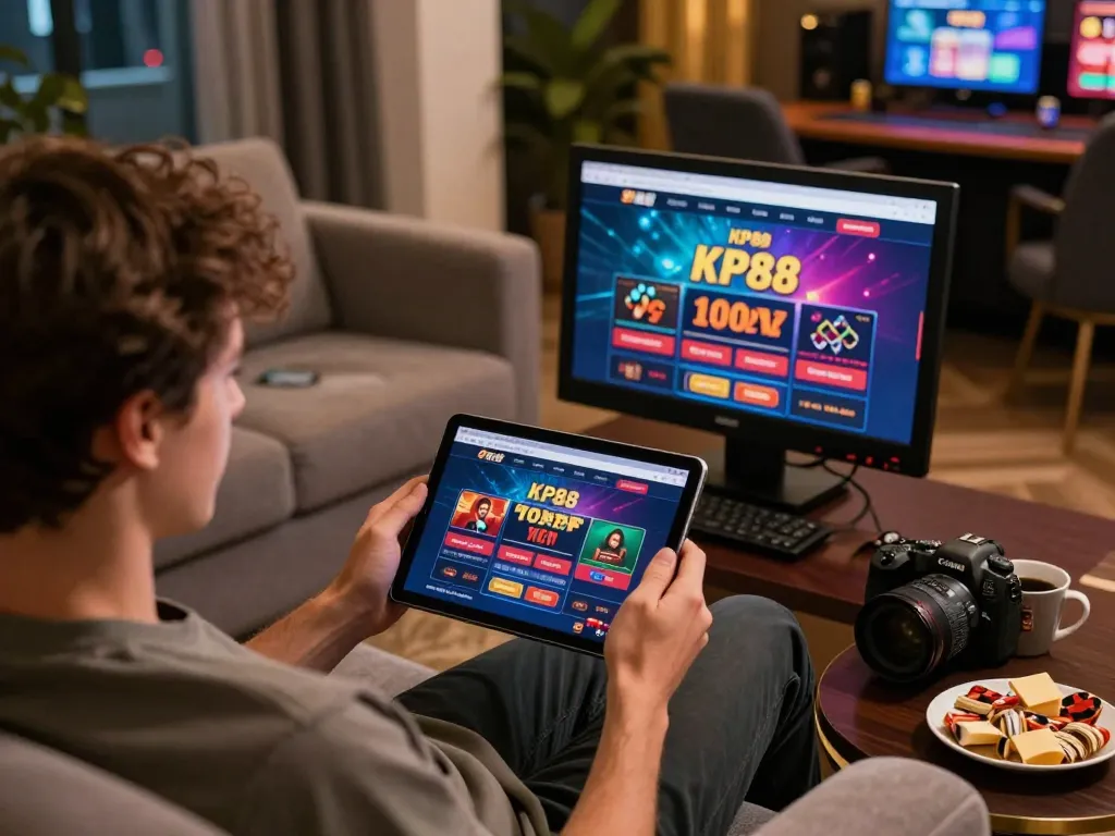 Engaging in online betting at KP88 on a tablet, showcasing a vibrant gaming interface.