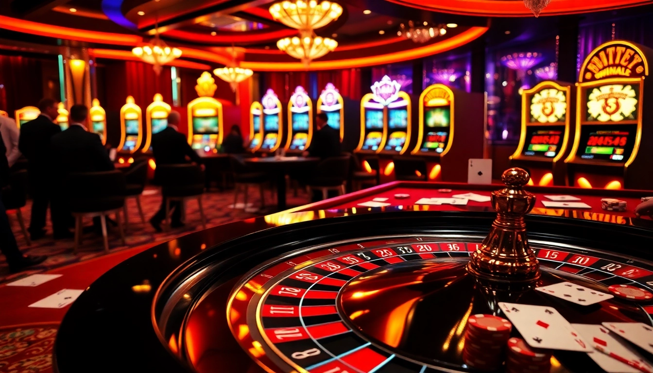 Players enjoy a thrilling game of roulette at a luxurious Go8 casino, surrounded by vibrant slot machines.