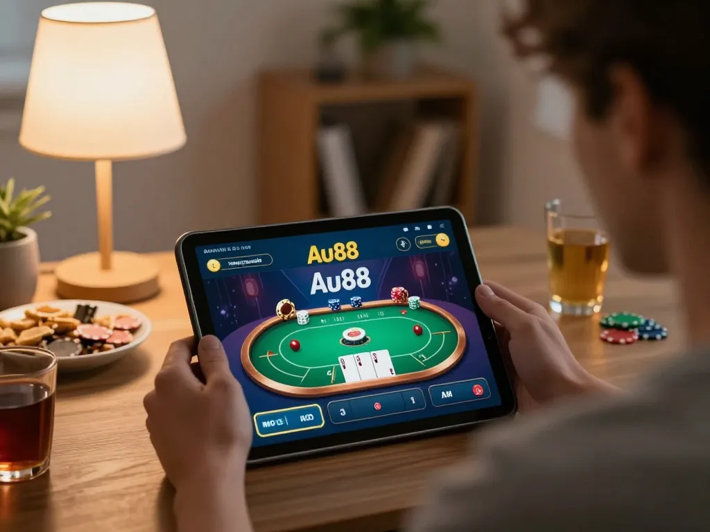 Engaged player exploring the Au88 casino app on tablet during an evening in a cozy home setup.