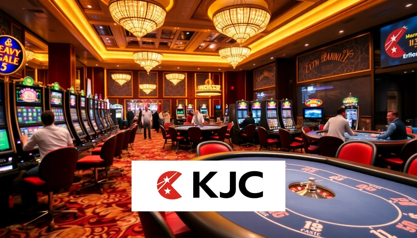 KJC branded casino scene with luxury gaming tables and vibrant players enjoying the excitement of gambling.