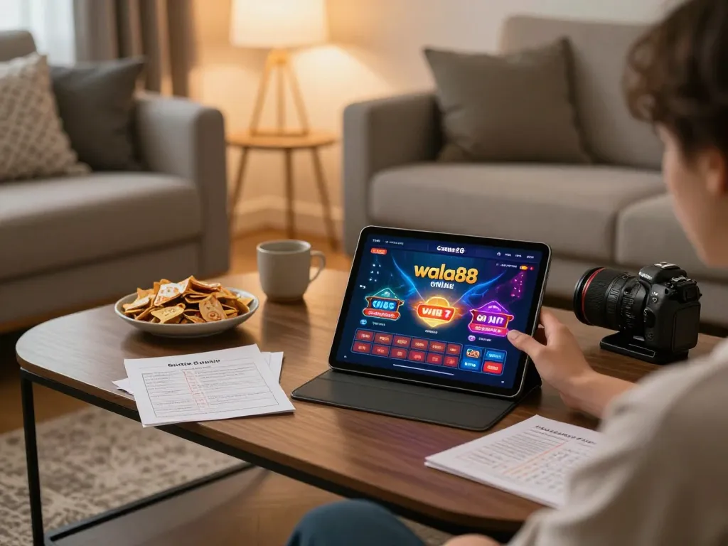 Engaging with the wala88 online casino interface in a cozy living room setting.
