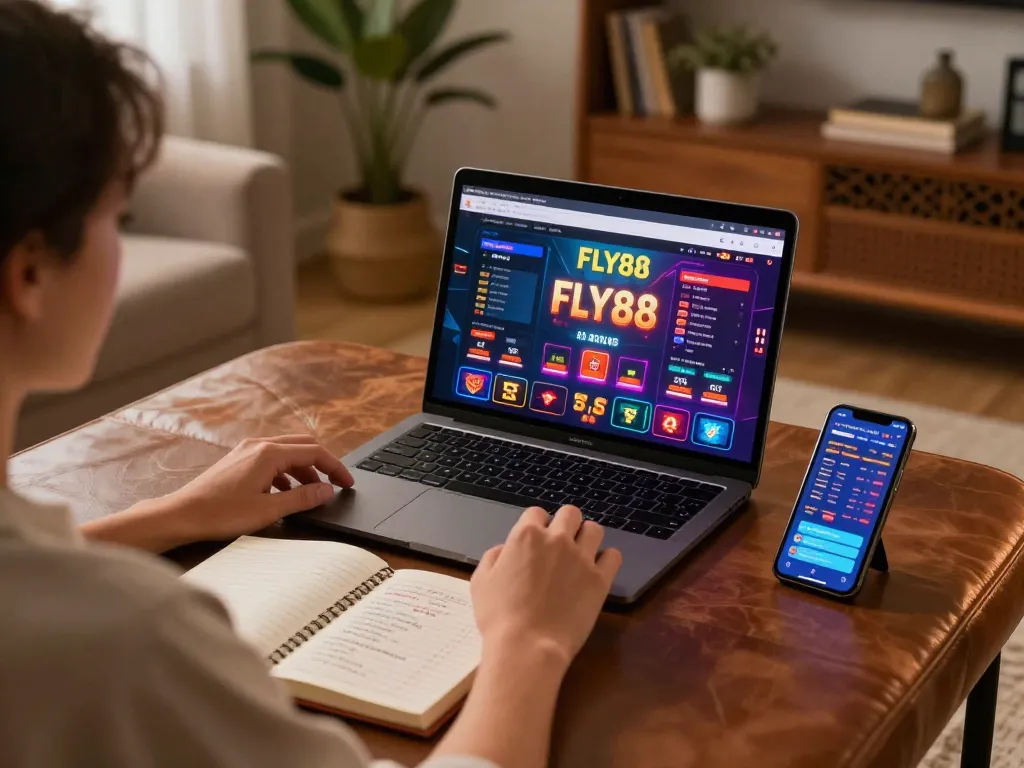Enjoying FLY88 gaming on a laptop with vibrant casino interface and responsible strategies.