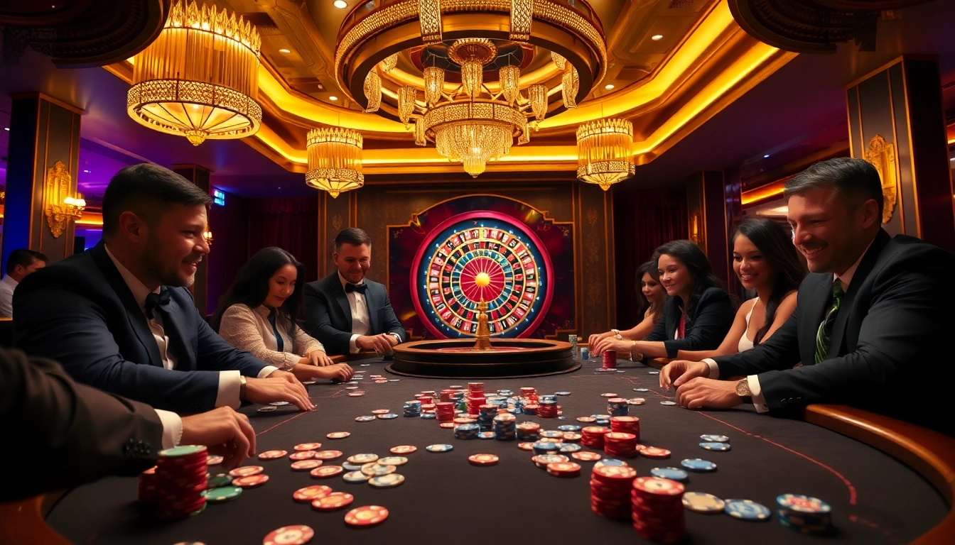 Players strategizing at a luxurious poker table in a 7M casino, displaying excitement and engagement.