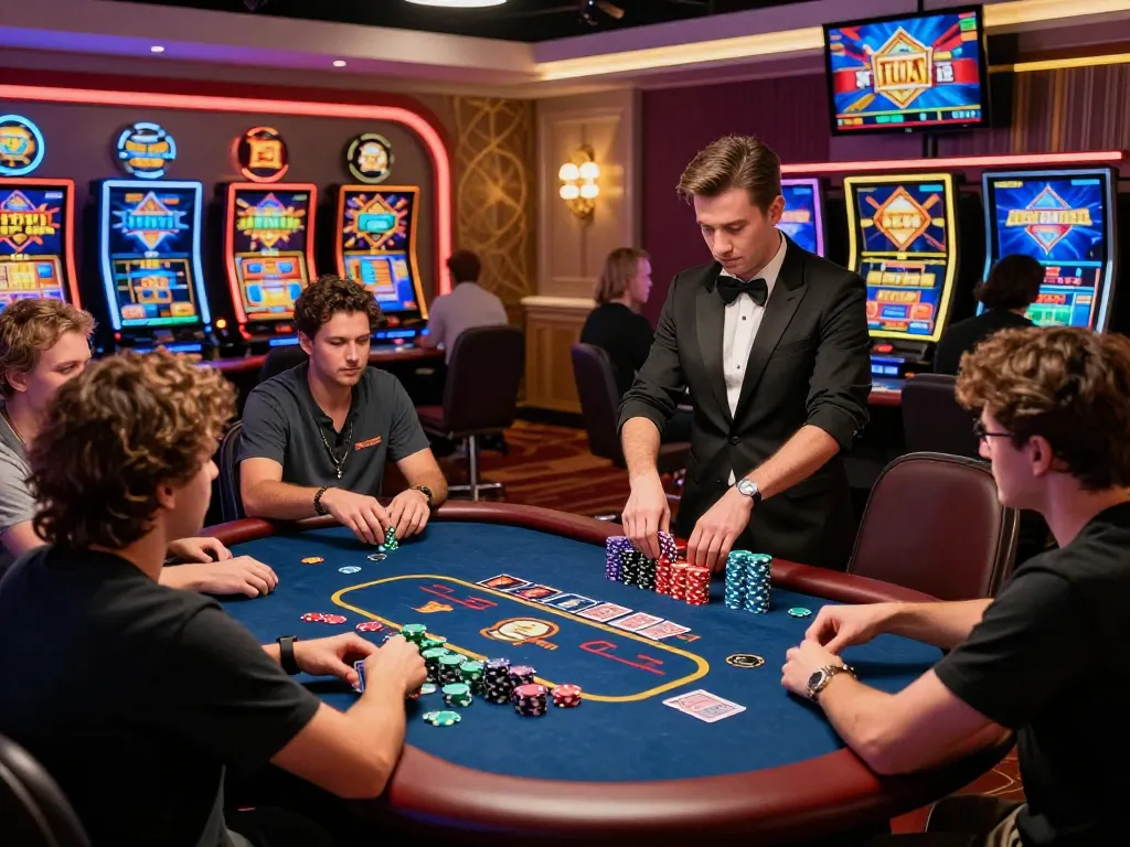 Exciting gambling scene at an online casino with players engaging in poker and gaming, highlighting the bomwin experience.