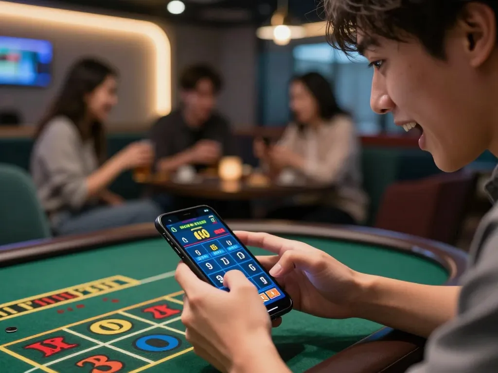 Exciting moment of placing a bet on a Tài Xỉu game using a mobile device in a cozy lounge.