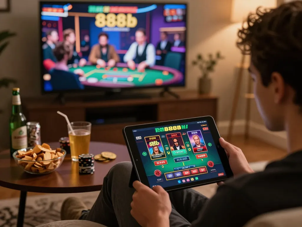 Player engaging with a live dealer game on the 888b app in a cozy home environment.