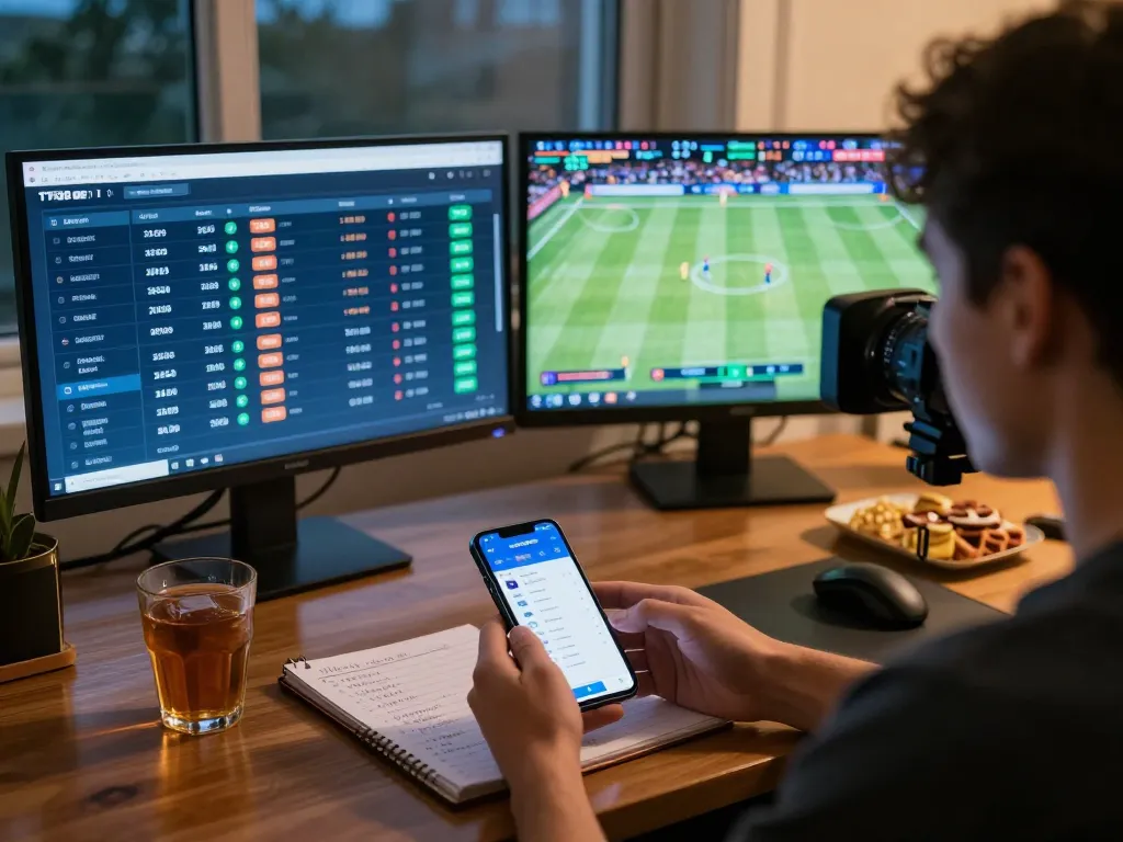 Engaged person analyzing sports odds with TT88 BET betting insights in a cozy home study.