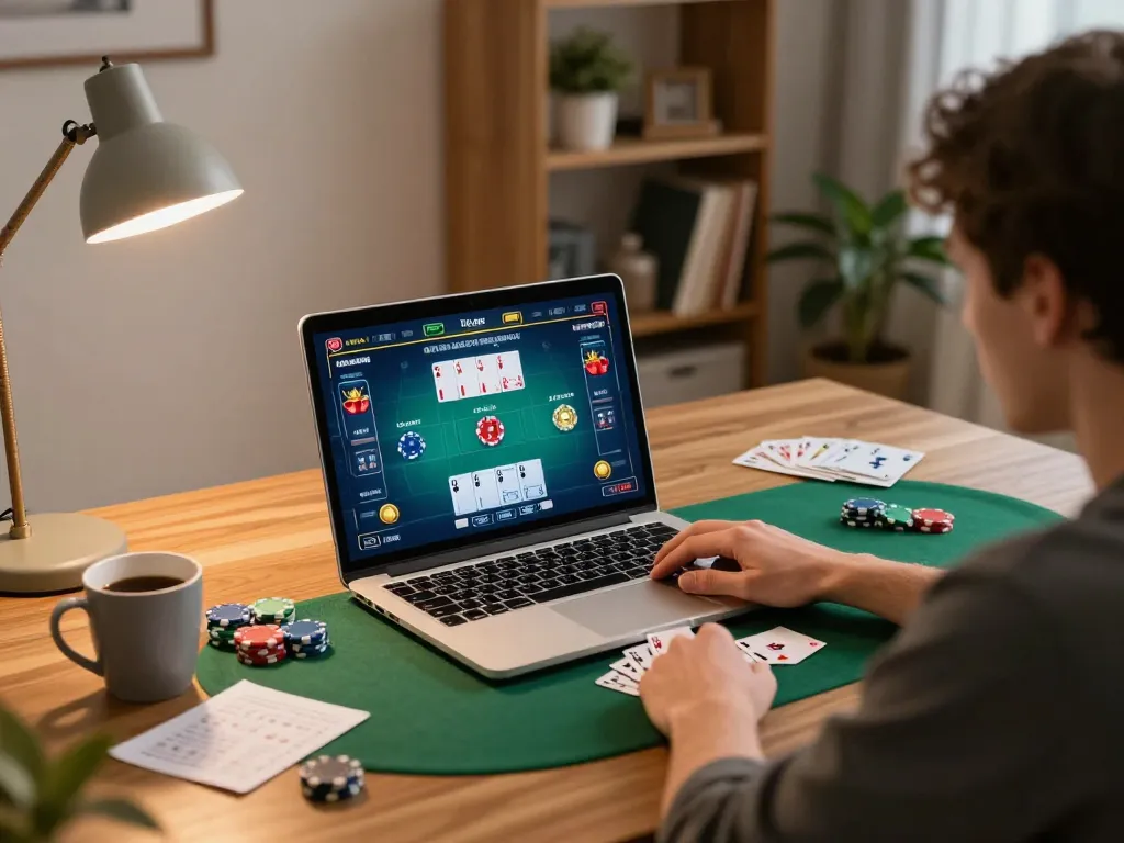 UU88 player engaged in online poker from home, showcasing strategy and gameplay.