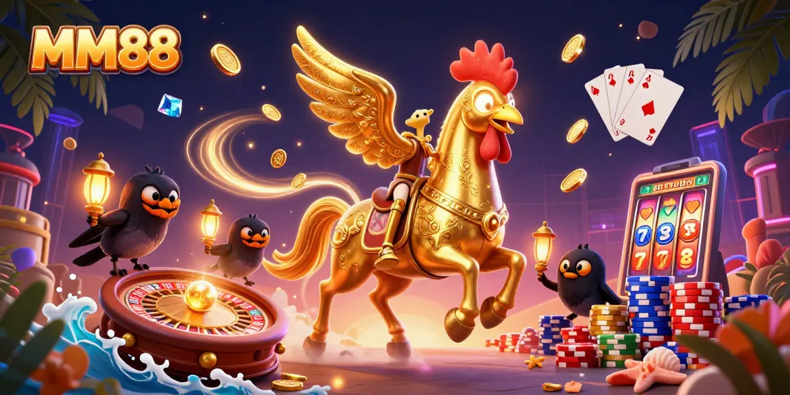 Experience the thrills of MM88 with a vibrant casino scene depicting winning elements like golden coins and a roulette.